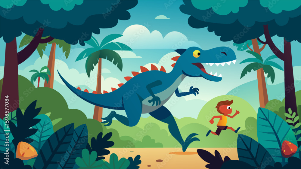 Obraz premium A dinosaur jungle with prehistoric creatures lurking in the trees the runner trying to outrun danger and reach the safety of their virtual camp.. Vector illustration