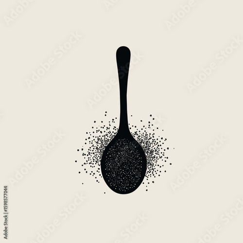 Silhouette of a spoon filled with chia seeds on a light background