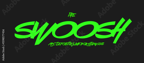 Fast script logo font alphabet, sharp italic letters, green speed lettering for street urban sport and art fest headline, dynamic typography, action typographic poster. Vector typeset.