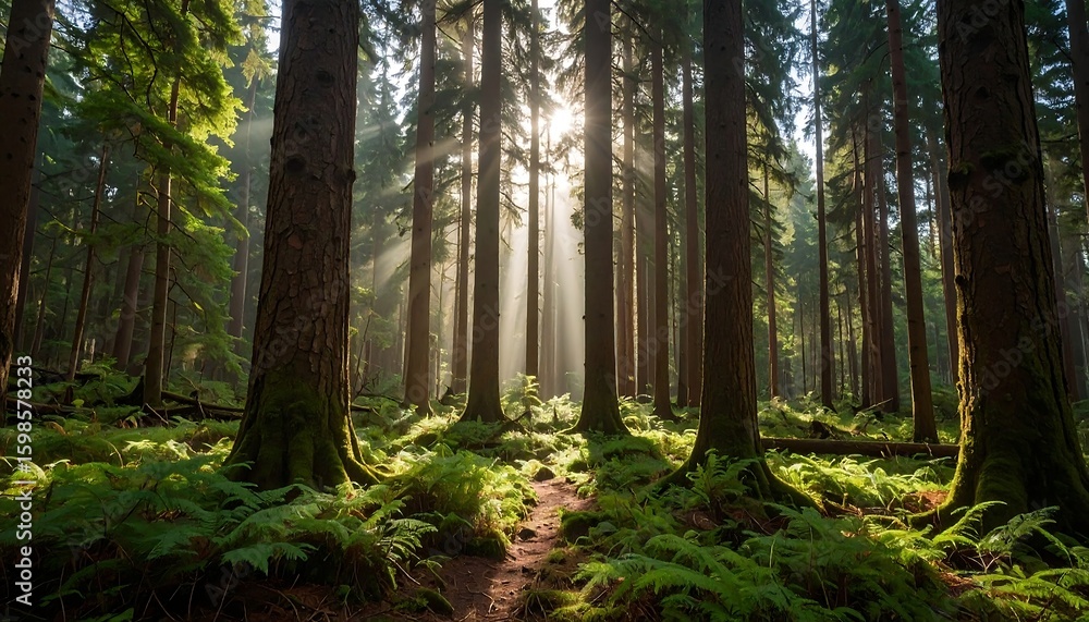 Naklejka premium Sunlight streams through a dense forest
