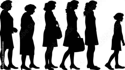 A progression of eight female silhouettes depicting the same woman aging from child to elderly, each with evolving posture, hairstyle, and dress style. The composition is linear, black-on-white, and s