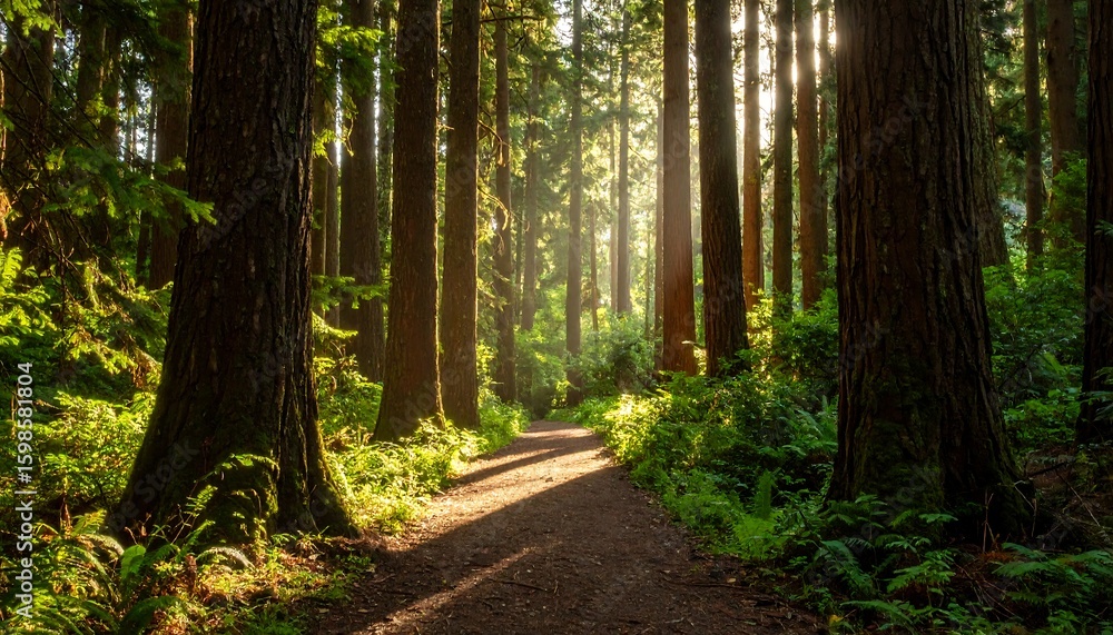 Fototapeta premium Sunlight streams through ancient forest path