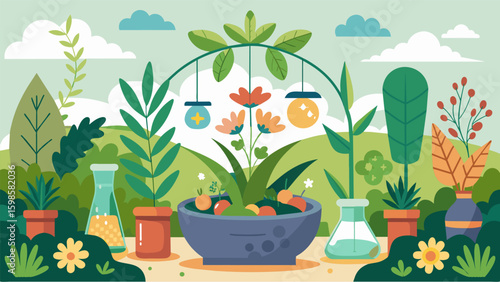 A healing garden filled with medicinal plants herbs and flowers designed to promote physical and mental wellbeing through natural remedies.. Vector illustration