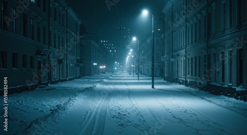Snowy, nocturnal city street