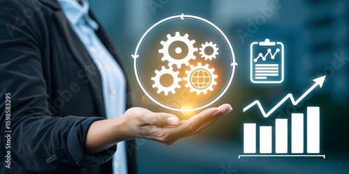 Businesswoman Presents Digital Gears and Charts Representing Automation Workflow and Process Optimization for Increased Efficiency