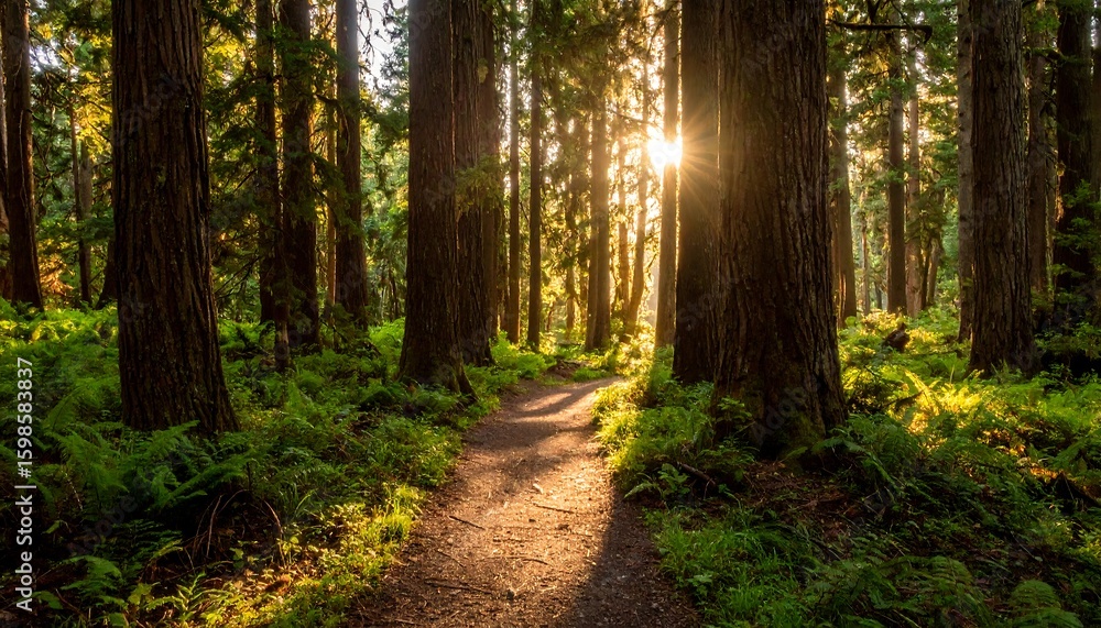 Obraz premium Sunlight streams through forest path