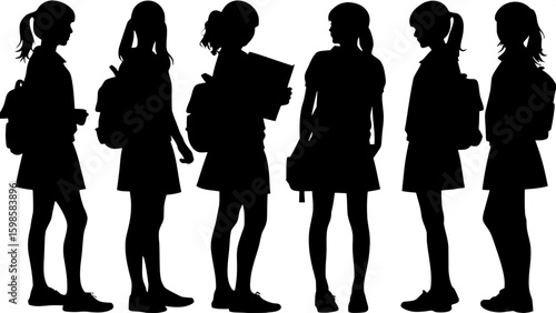 Eight young female silhouettes in profile, shown wearing school uniforms with short skirts and varied hairstyles. The image is stylized and simple, each girl posed differently—some with books, bags, o