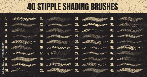 Ink scatter brush, stipple drawing and texturing. Fading gradient. Stippling, dotwork drawing, shading using dots. Halftone disintegration effect. White noise grainy texture. Vector illustration