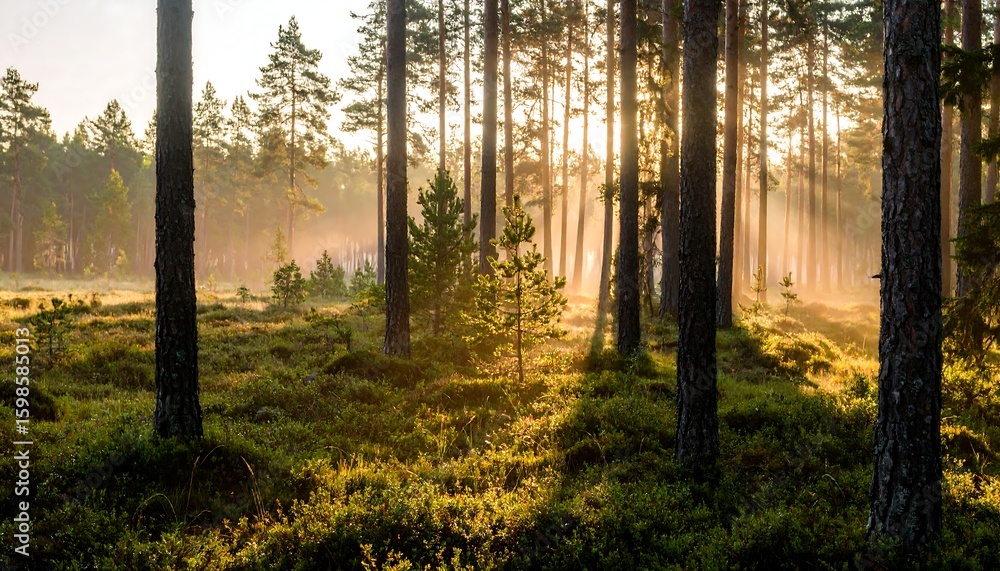 Naklejka premium Sunlight streams through misty pine forest