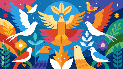 A colorful and dynamic mural showcasing different types of birds symbolizing hope resilience and freedom in the face of adversity.. Vector illustration