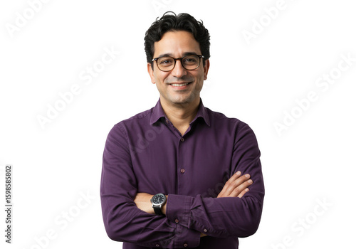 Smiling man with glasses arms crossed isolated on transparent background
