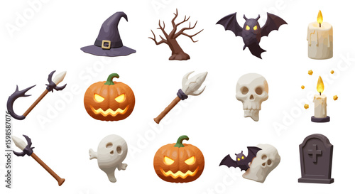 Collection of Halloween-themed 3D rendered objects including pumpkins, bats, candles, skulls, witch hat, and a tombstone