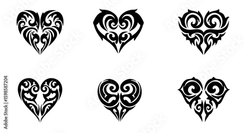 Heart design variations with ornamental details, ideal for romantic concepts, Valentine's Day, or decorative elements, perfect for diverse applications.