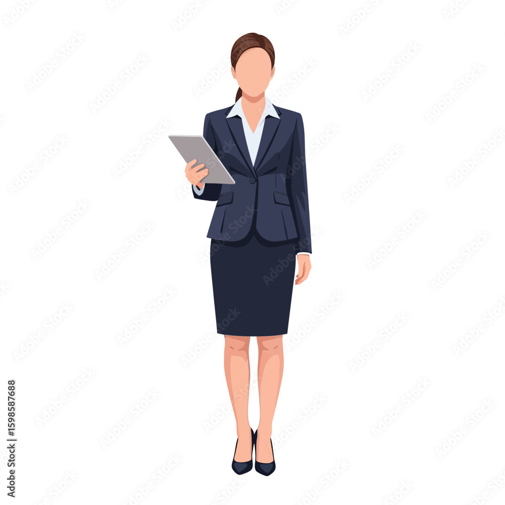 Full shot of a business woman in a navy suit holding a tablet, standing against a white background. Full shot of a business woman in a navy suit holding a tablet, standing against a white background.