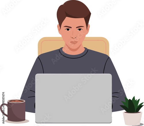 Young businessman in a suit smiling while working on his laptop in the office
