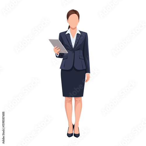 Full shot of a business woman in a navy suit holding a tablet, standing against a white background.