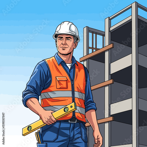 Construction worker in hard hat and safety vest holding a level, standing near a building framework under a blue sky.