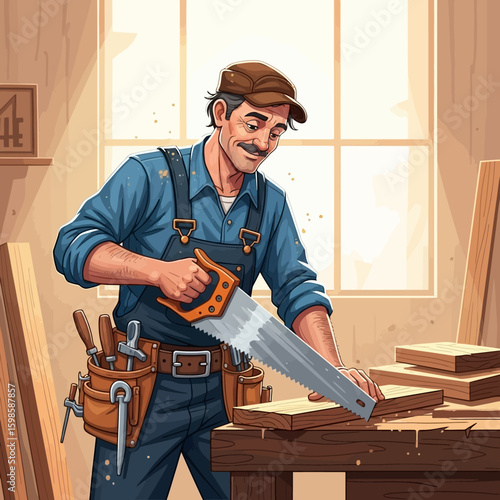 Smiling carpenter meticulously sawing wood in a workshop.