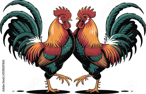 Two colorful roosters standing face to face in a vector illustration on a white background