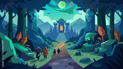 A journey through a dense forest filled with magical creatures ancient ruins and hidden portals to other worlds.. Vector illustration
