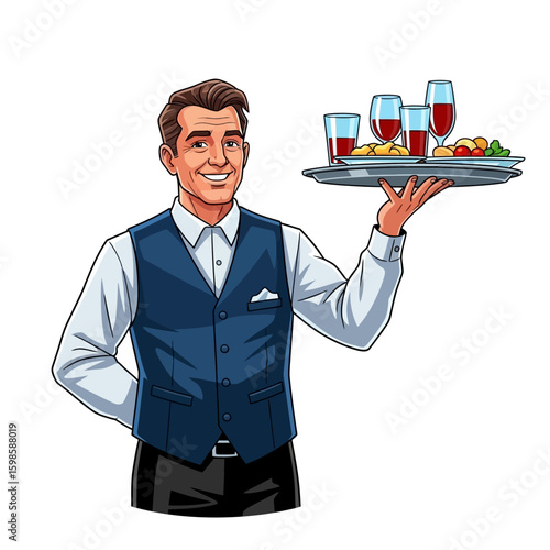 A smiling waiter in a blue vest holds a silver tray with drinks and appetizers, presenting it with a confident pose.