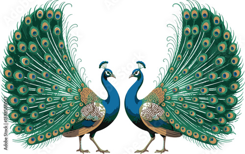 Two majestic peacocks facing each other displaying vibrant feathers against a white background