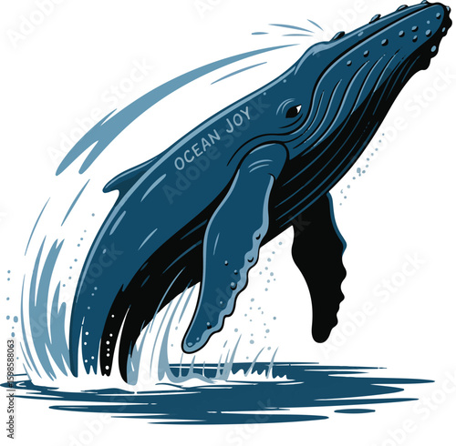 Vibrant illustration of a breaching whale with splashes and the words ocean joy