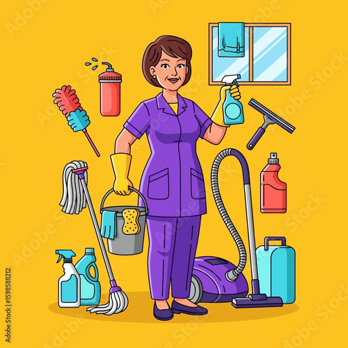 Smiling cleaning lady holding spray bottle, surrounded by cleaning supplies and equipment.