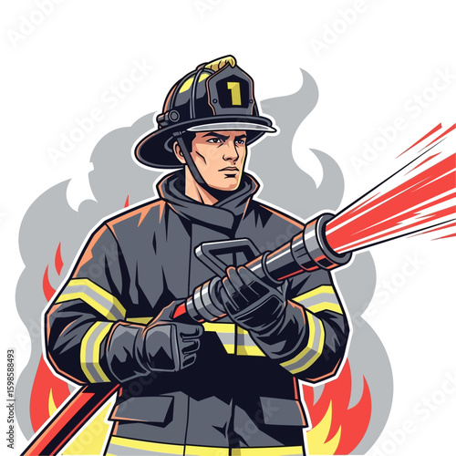 A firefighter in full gear holding a hose spraying red liquid, with smoke and flames in the background.