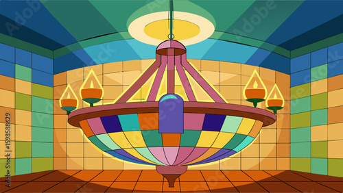 A colorful stained glass chandelier in a spa casting a warm and inviting glow to promote relaxation and rejuvenation.. Vector illustration