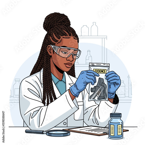 A scientist examining evidence in a clear bag, wearing safety glasses and gloves, in a lab setting.