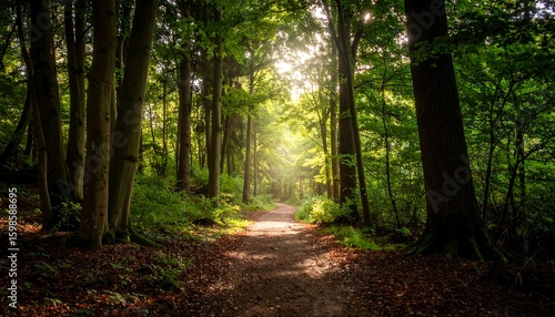 Fototapeta Naklejka Na Ścianę i Meble -  Sunlit path through lush forest
