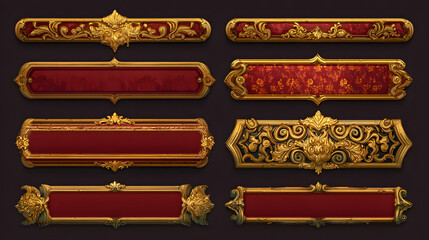 Game ui frames, gold medieval menu elements, buttons or banners with golden ornate rims. Empty royal gui bars for rpg or arcade, glossy borders, web design interface Cartoon 2d vector illustration