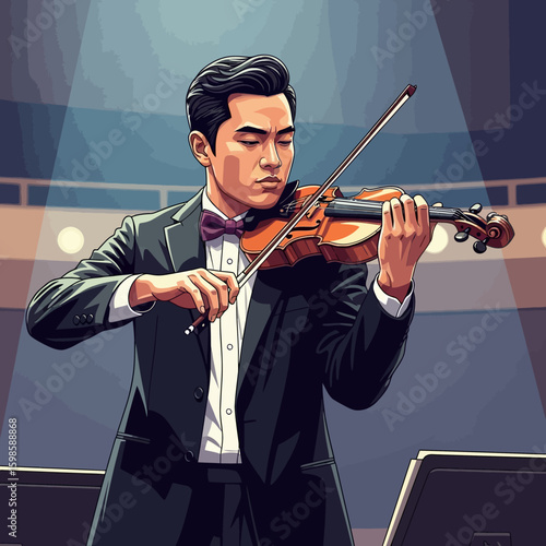 A young man in a tuxedo plays the violin on stage, illuminated by spotlights.