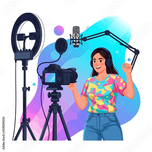 A young woman vlogger happily recording a video with professional equipment.