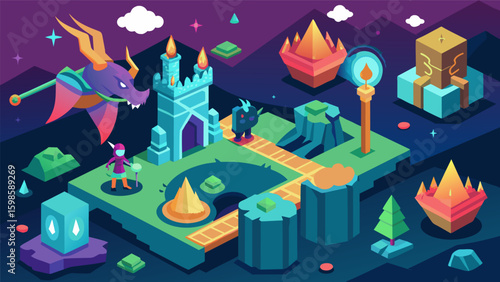 A fantasythemed course with magical obstacles and creatures to defeat like a virtual version of a Dungeons and Dragons adventure.. Vector illustration