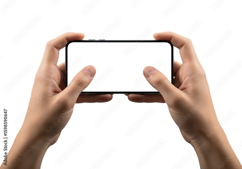 Fototapeta premium Male hands holding a smartphone horizontally with blank screen for mockup. Isolated on transparent background, png