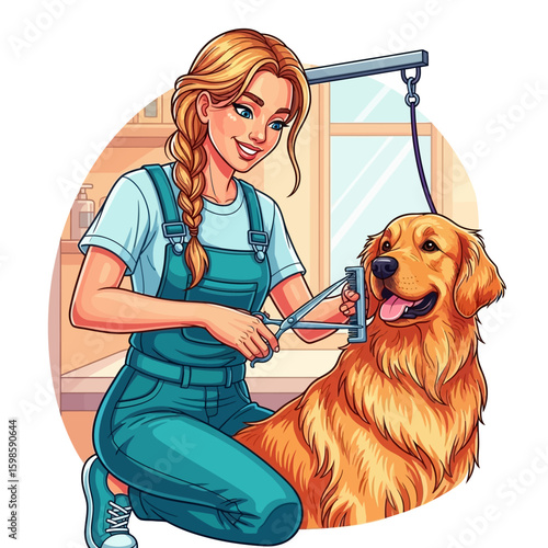 Smiling woman groomer tending to a golden retriever dog in a pet salon.