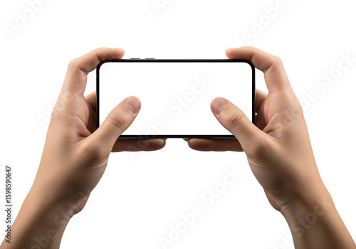 Male hands holding a smartphone horizontally with blank screen for mockup. Isolated on transparent background, png