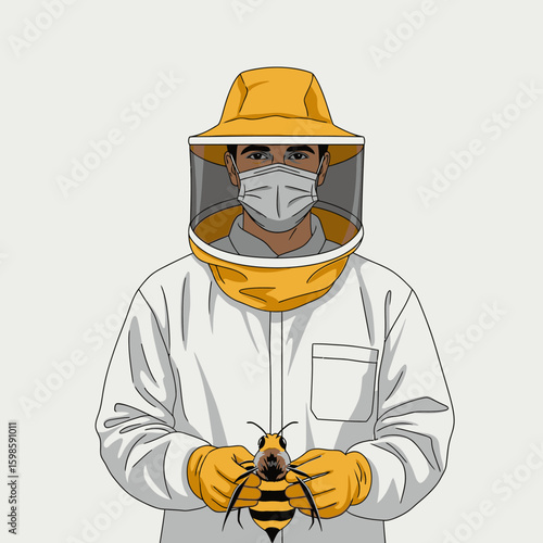 A beekeeper in protective gear holds a honeybee, illustration.
