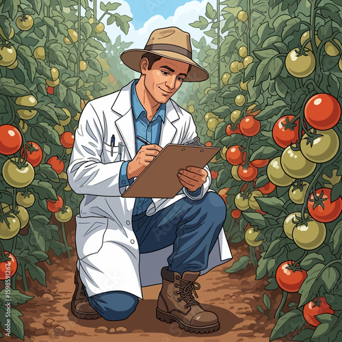 A scientist in a lab coat and hat kneels in a greenhouse, taking notes on a clipboard while inspecting ripening tomatoes.