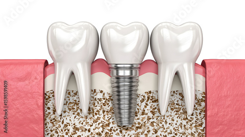 Dental implant procedure demonstrating placement between two natural teeth in a realistic anatomical model at a dental clinic