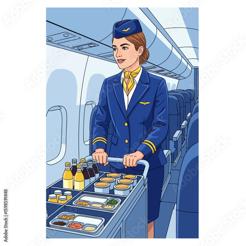 A smiling flight attendant pushing a service cart down the airplane aisle.