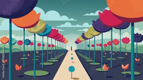 A largescale installation featuring a garden of flowers with each petal bearing a line of poetry creating a whimsical and poetic atmosphere.. Vector illustration