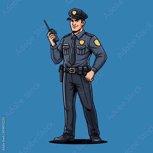 Confident police officer using a radio, standing tall in uniform.