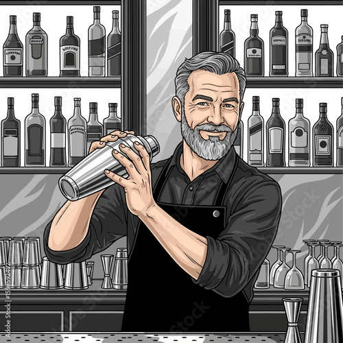 A smiling bartender expertly shakes a cocktail shaker, bottles displayed in the background.