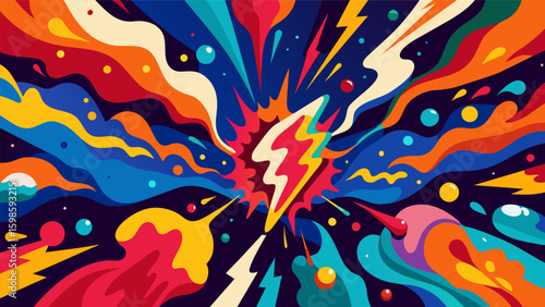 A large abstract painting with splashes of bold colors and intricate patterns reminiscent of the energetic rock song blaring in the background.. Vector illustration