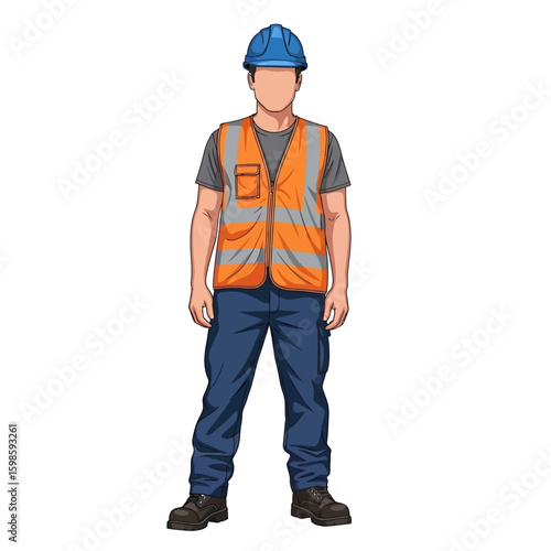 Full body illustration of a construction worker wearing a blue hard hat, orange safety vest, dark pants, and boots, standing on a white background.