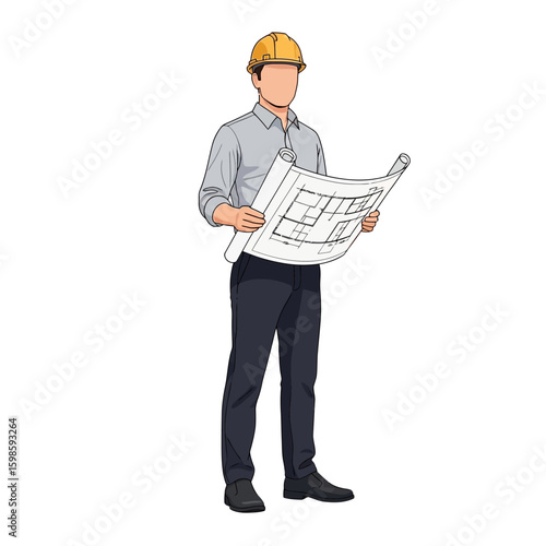 Full body illustration of an architect reviewing building plans.