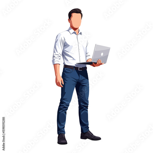A faceless man in business attire holding a laptop computer, standing confidently.